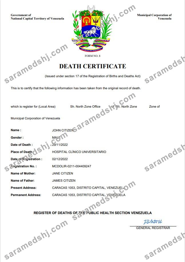 Venezuela vital record death certificate Word and PDF template